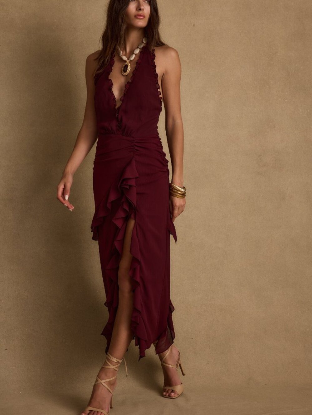 12th Tribe Wine Halter Ruffled Maxi Dress
